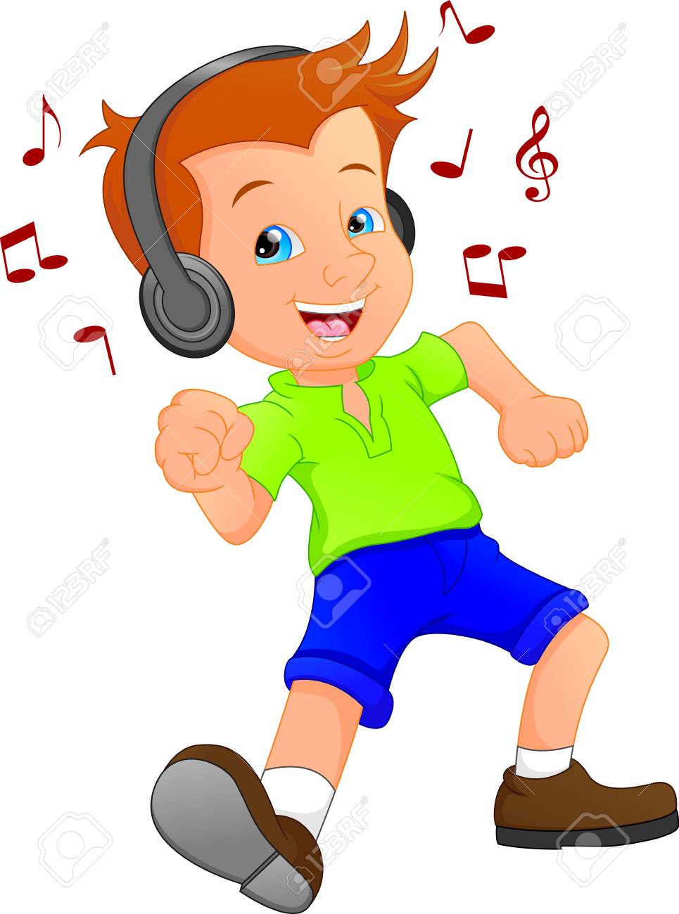 a funny cartoon boy listening to music and dancing royalty free