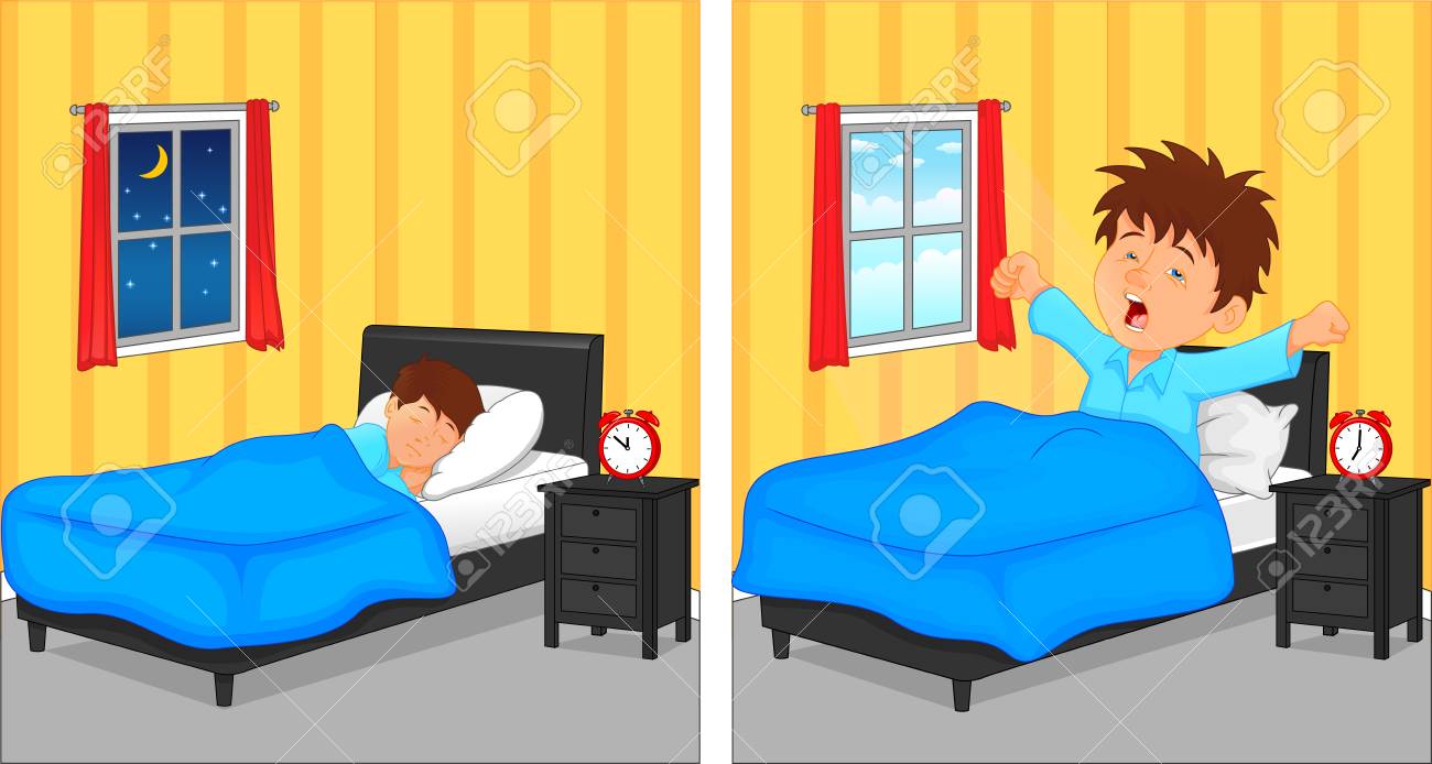 夜寝室で寝ている小さな男の子と彼は朝起きるのイラスト素材 ベクタ Image 夜寝室で寝ている小さな男の子と彼は朝起きるのイラスト素材 ベクタ Image
