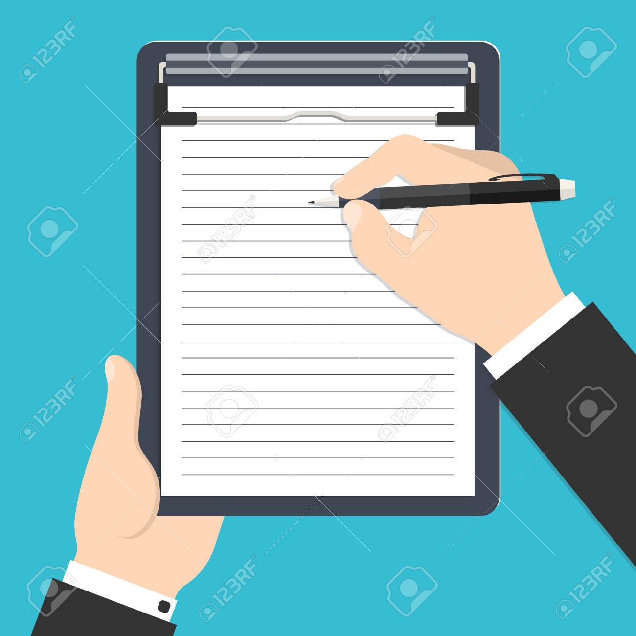 クリップボードを保持し 彼のレポートまたはあなたの設計のための履歴書を書くのビジネスマンの手のベクトル イラスト のイラスト素材 ベクタ Image