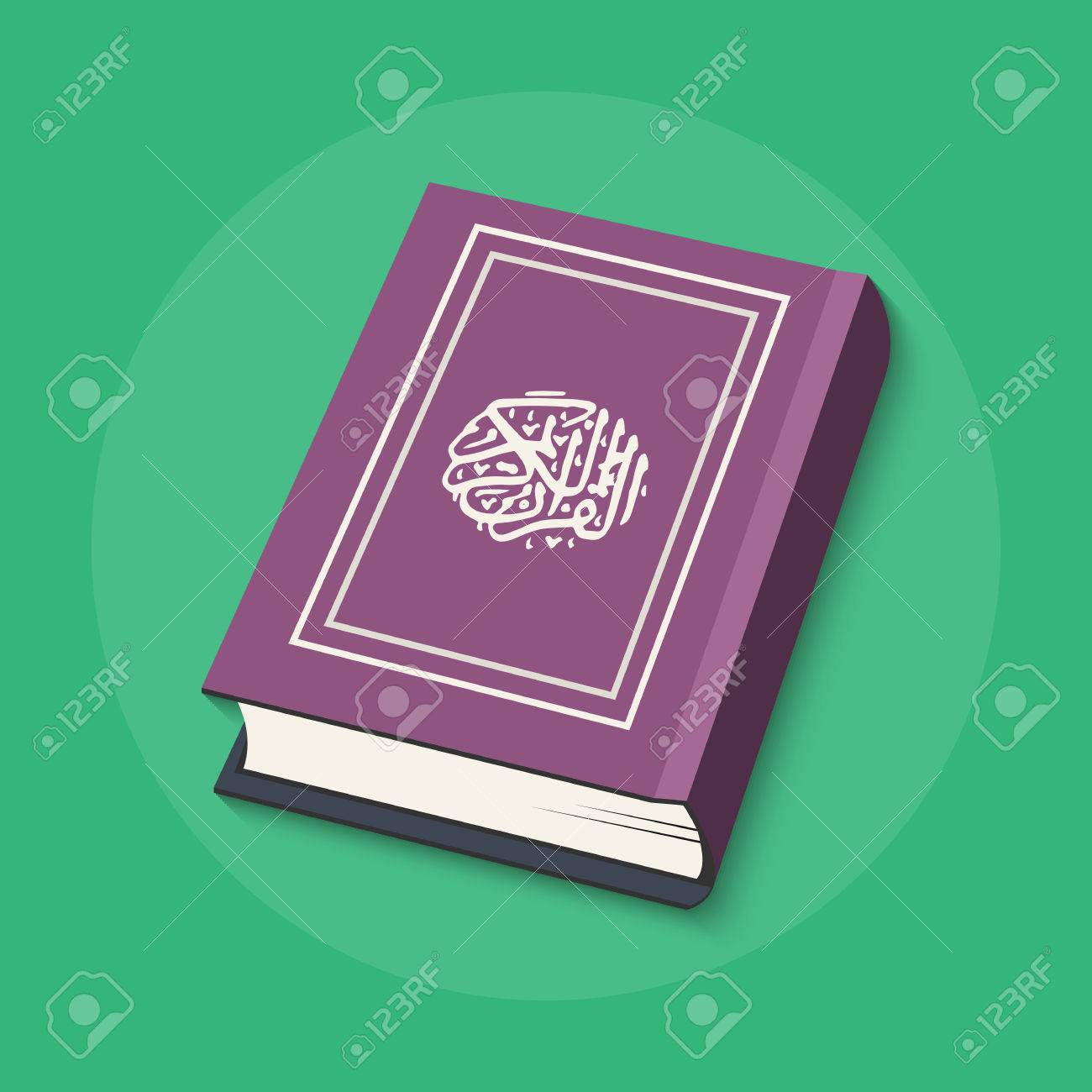 聖クルアーン Al コーランを意味するアラビア語書道とイスラム本コーランのベクトル イラスト フラット スタイルのイスラム教の本聖クルアーン あなたの設計のための神聖なコーラン フラット アイコンのイラスト素材 ベクタ Image