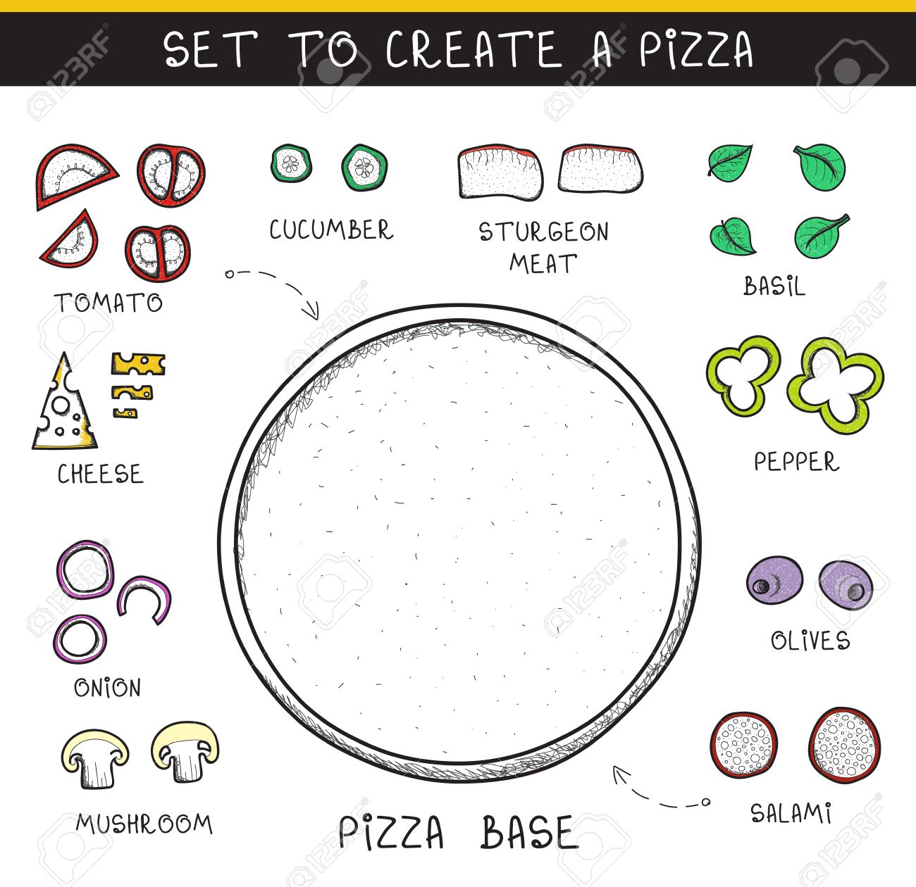 doodle set of ingredients to build pizza template pizza sliced