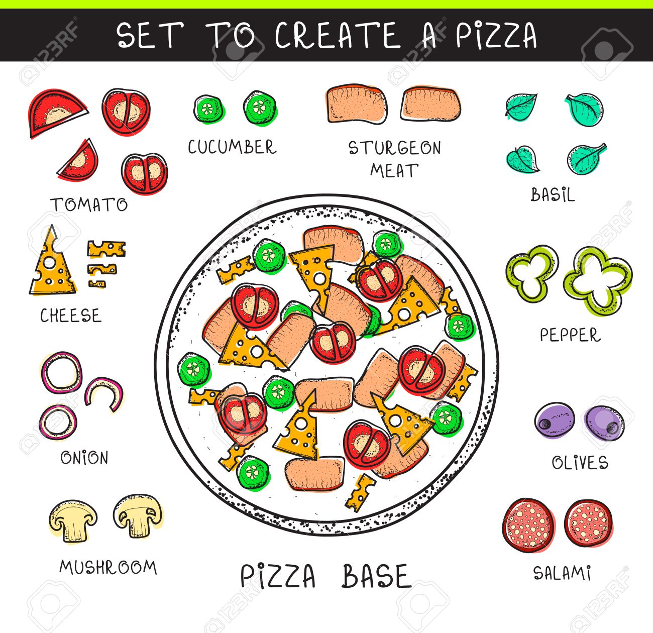 doodle set of ingredients to build pizza template pizza sliced