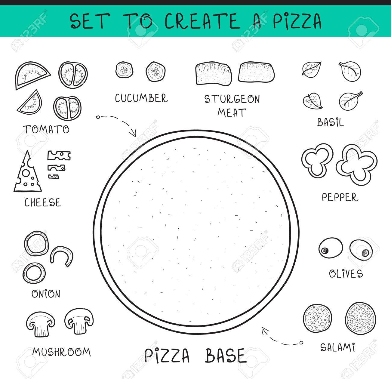 doodle set of ingredients to build pizza template pizza sliced