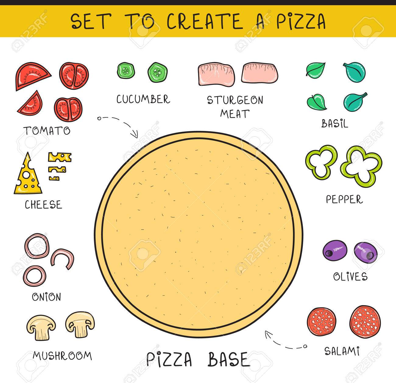 doodle set of ingredients to build pizza template pizza sliced