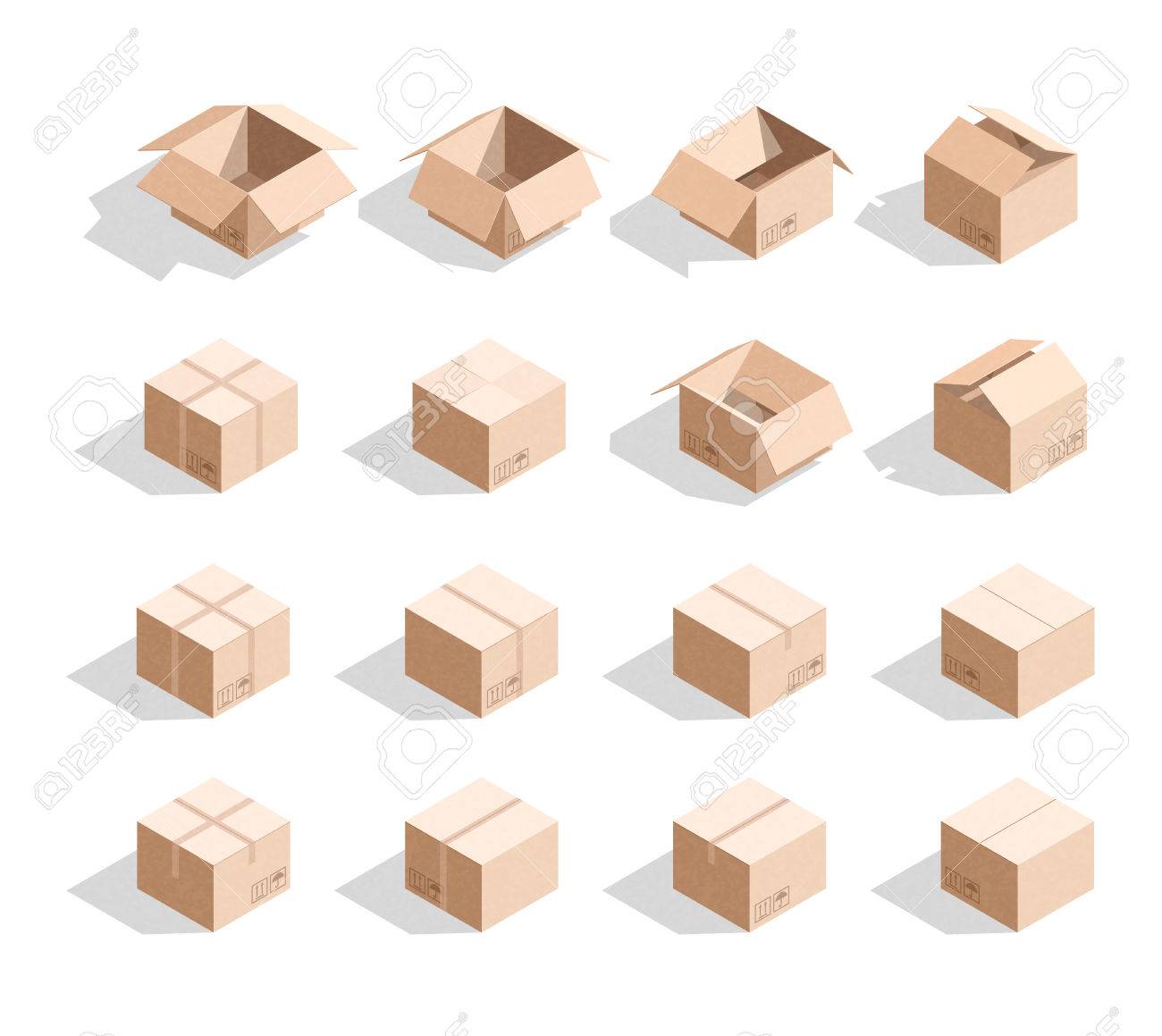 Set Of 16 Realistic Isometric Cardboard Boxes With Texture Realistic Royalty Free Cliparts Vectors And Stock Illustration Image