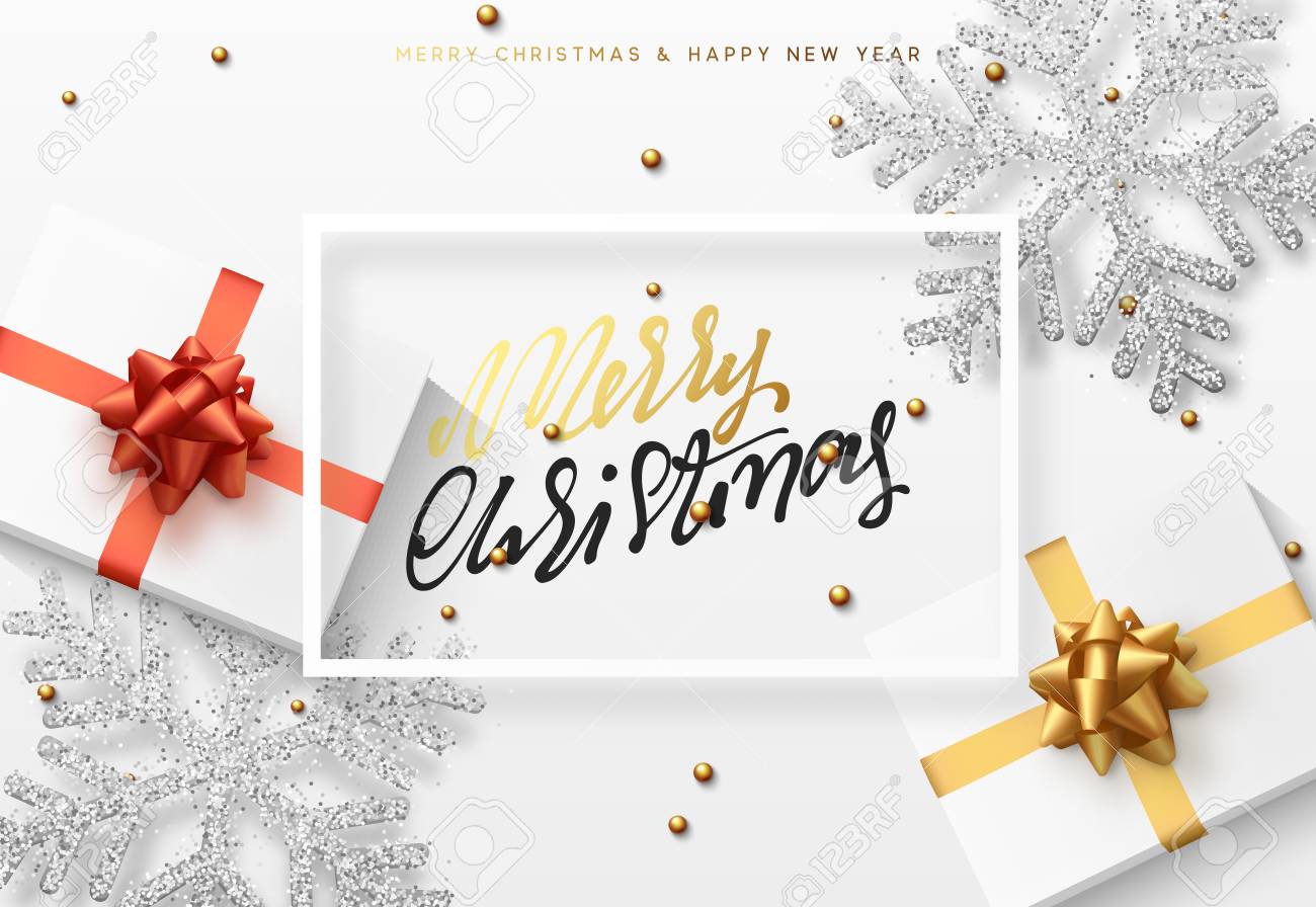 christmas background with gifts box and shining silver snowflakes