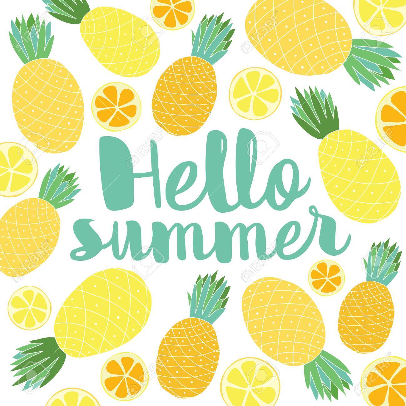 手描きのパイナップル 柑橘類とベクトル夏背景と手書きのテキスト こんにちは夏 エキゾチックなフルーツ レタリングと明るいポスターは のイラスト素材 ベクタ Image