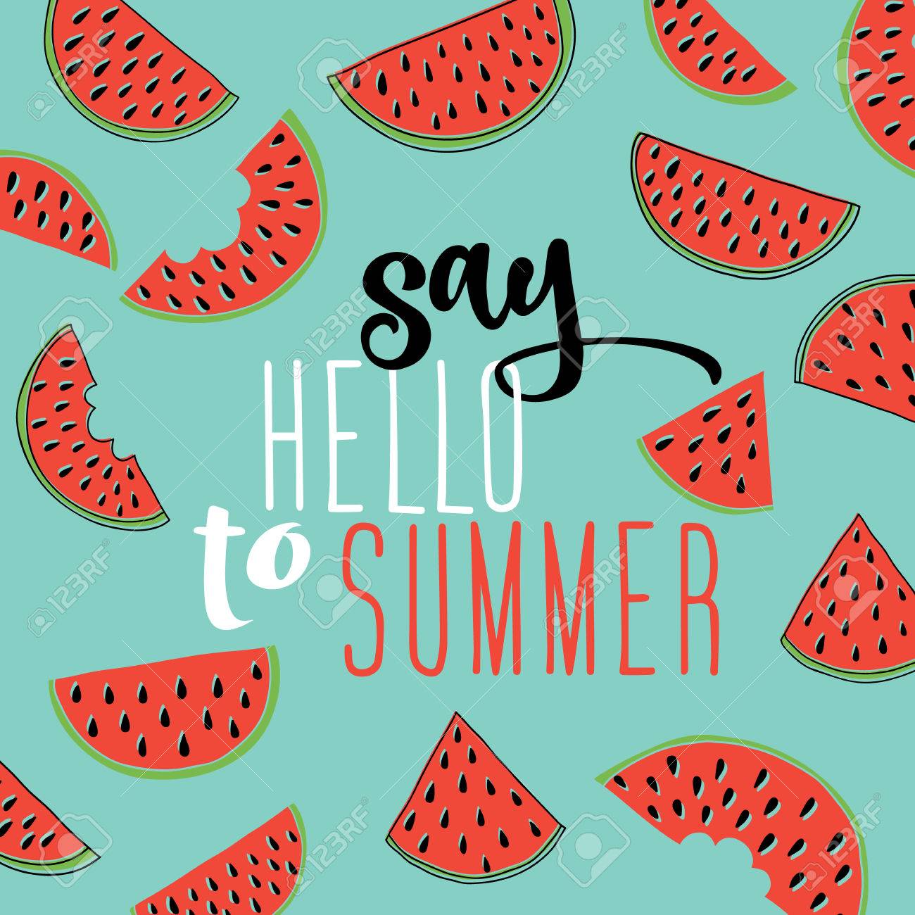 Di Hola A La Inscripcion De Verano En El Fondo De La Sandia Gran Tarjeta De Regalo De Verano Positiva Ilustracion Vectorial Caligrafia De Moda Letras Ilustraciones Vectoriales Clip Art Vectorizado Libre