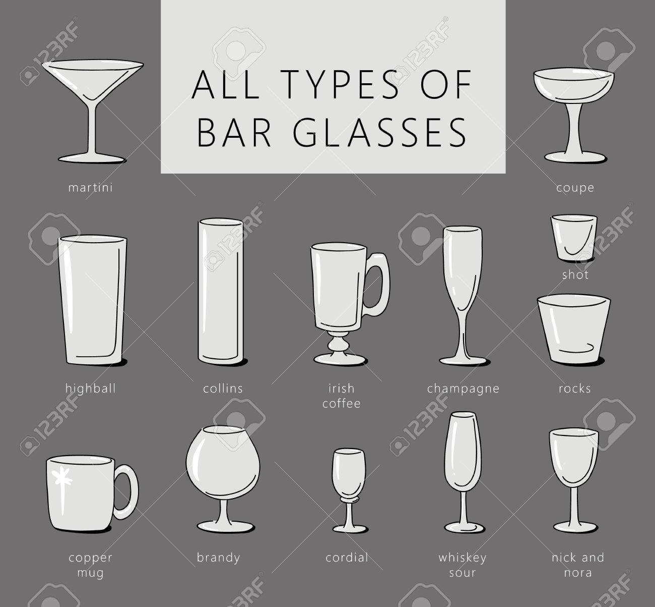 Bar Glasses Vector Icons Set. Vector Types Of Barware Glasses