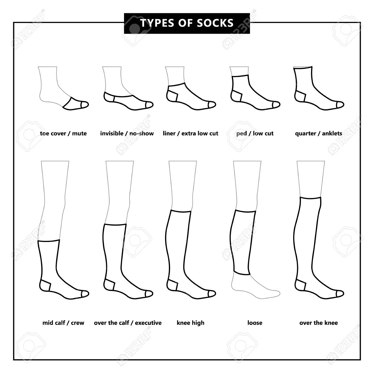Types of socks set. No-show, low-cut, extra low-cut, quarter, mid-calf, over the calf, knee socks. Linear design socks set vector illustration. - 109683254 Types of socks set. No-show, low-cut, extra low-cut, quarter, mid-calf, over the calf, knee socks. Linear design socks set vector illustration. - 109683254