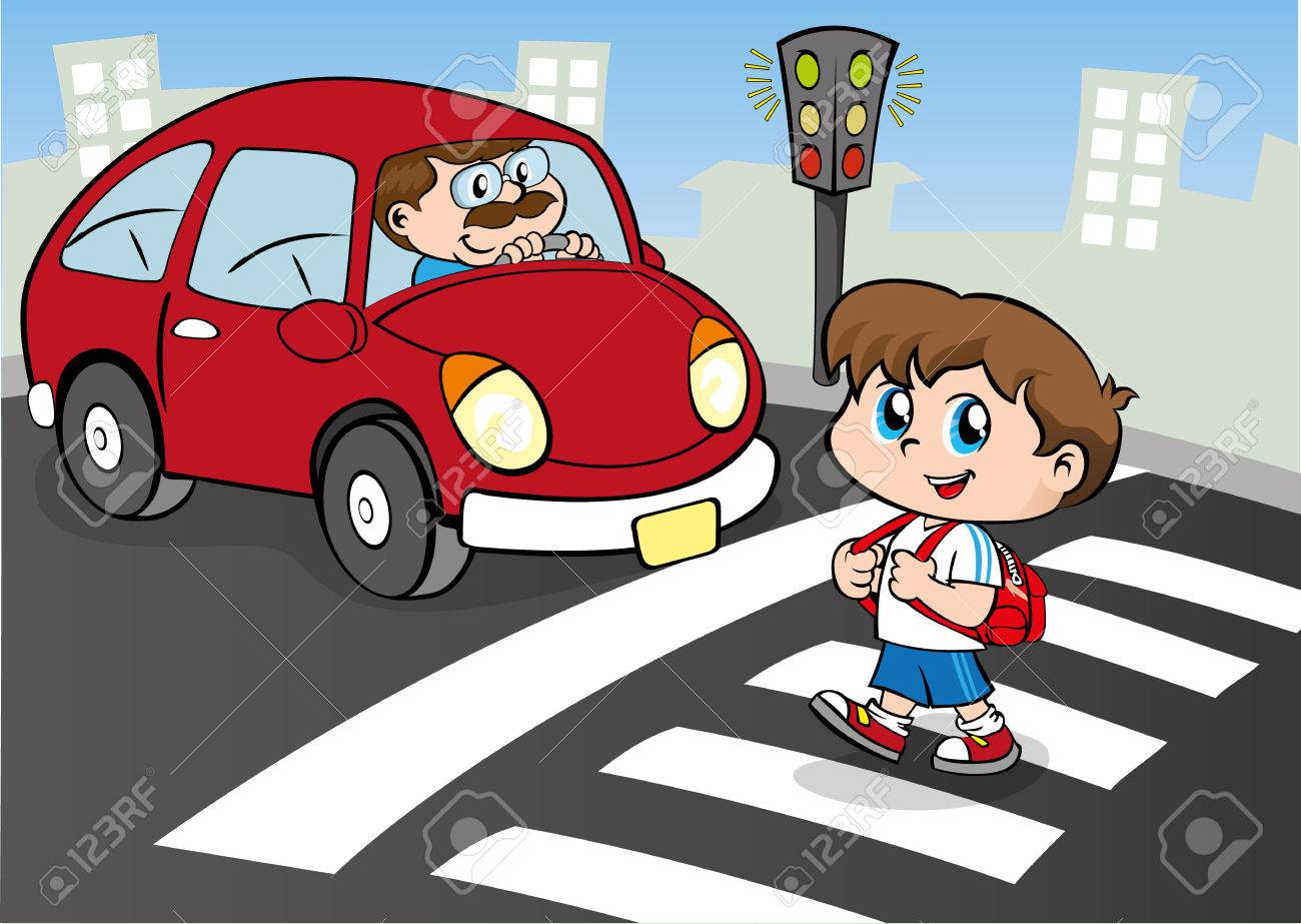イラスト学生人横断歩道で通りを横断 車はまだ待っています のイラスト素材 ベクタ Image