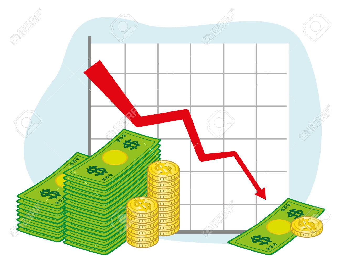 イラストを多くお金紙幣と硬貨の右下がりのグラフを描いたします 制度的材料に最適のイラスト素材 ベクタ Image