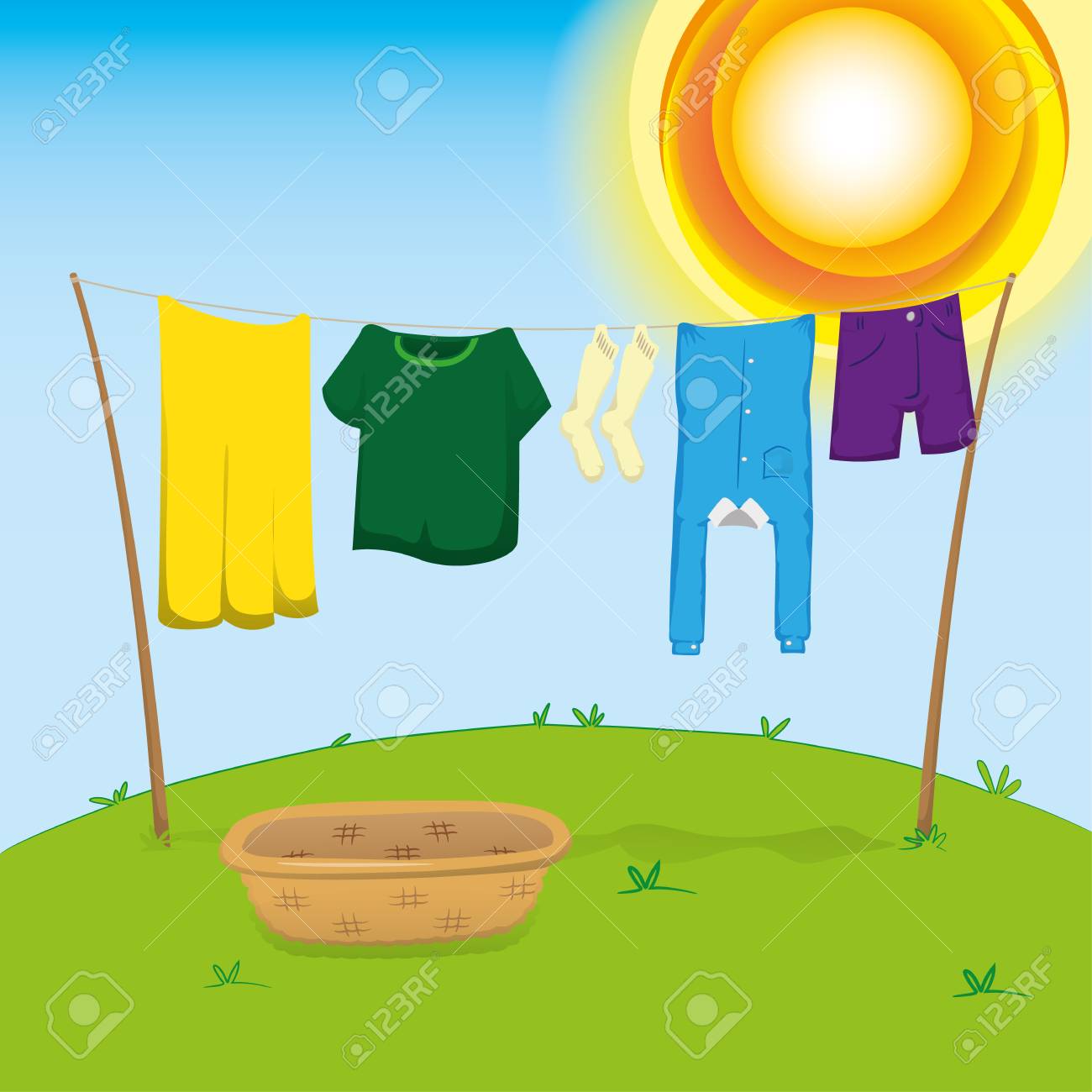 Illustration of an external environment, clothesline with clothes outstretched to dry. Ideal for catalogs, information and institutional material - 90385842 Illustration of an external environment, clothesline with clothes outstretched to dry. Ideal for catalogs, information and institutional material - 90385842