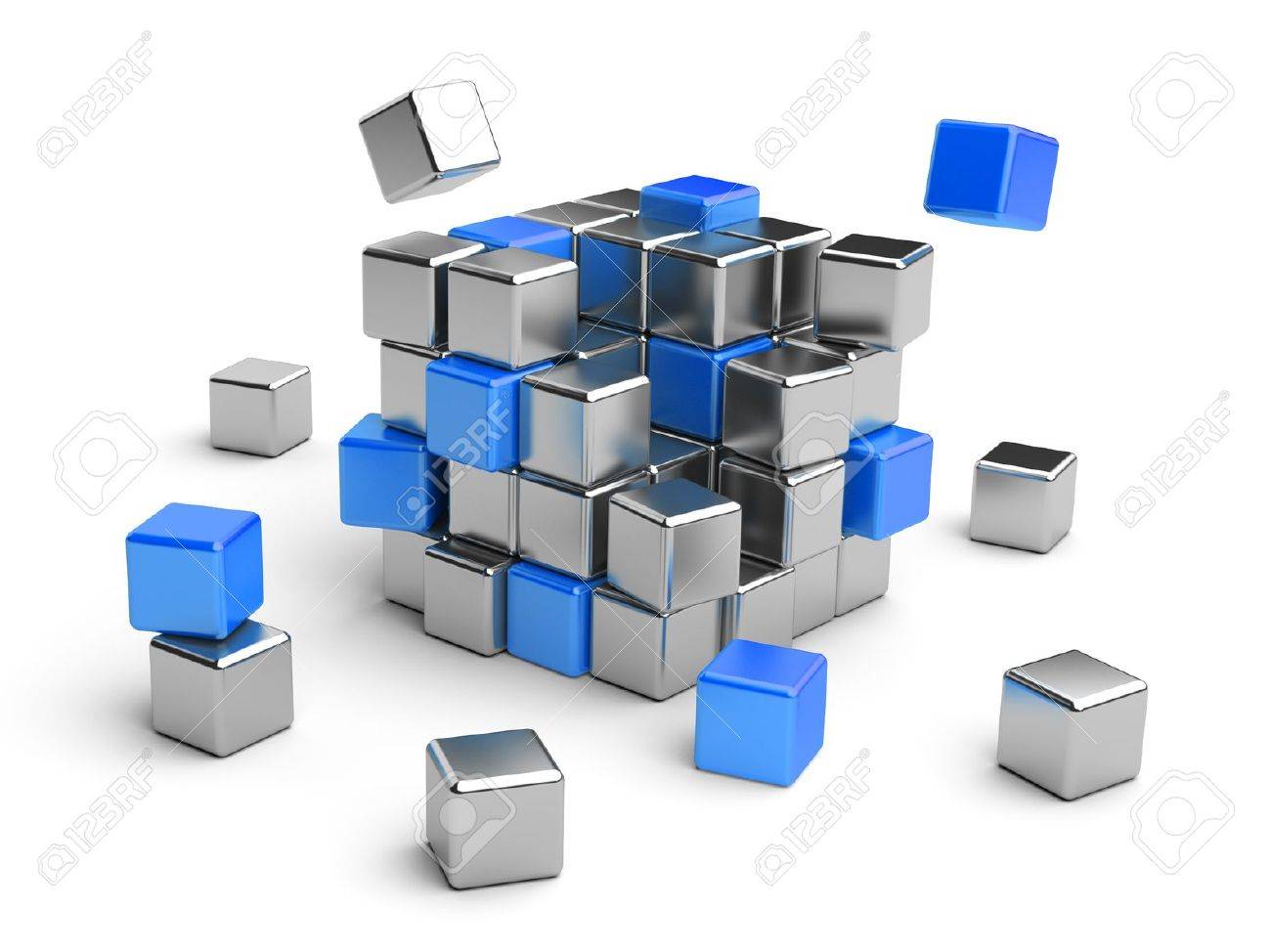 cube assembling from blocks 3d illustration isolated on white stock