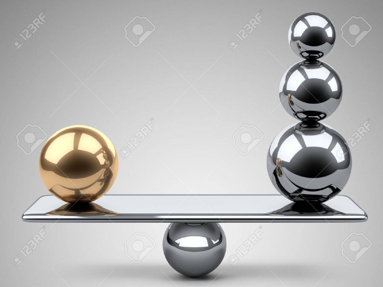 Balance between large gold and steel spheres. 3d illustration on a grey background. - 43834615 Balance between large gold and steel spheres. 3d illustration on a grey background. - 43834615