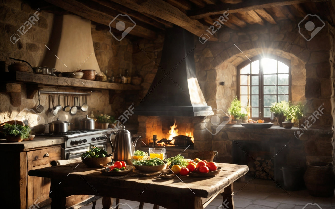 Morning In An Old Italian Kitchen With A Lit Fireplace And Fresh Vegetables  On The Table. Stock Photo, Picture and Royalty Free Image. Image 211193669., image size:1300x813