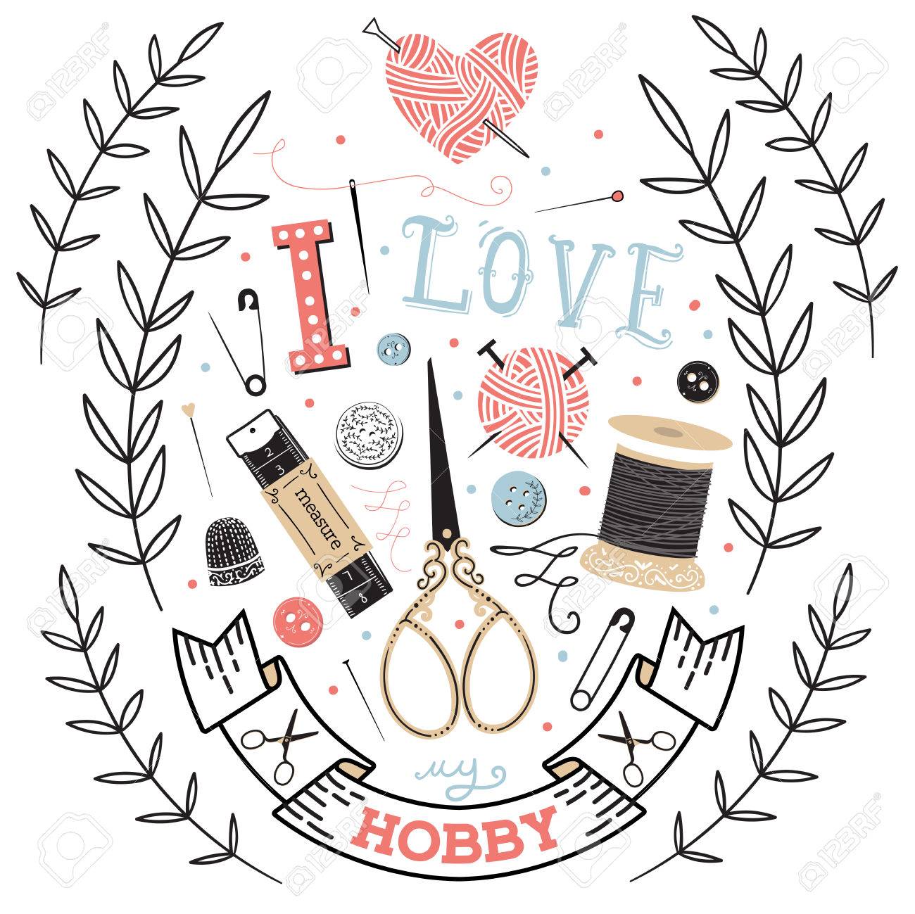 Tarjeta De Papel De Costura Con Los Accesorios De Y Confección. Me Encanta Mi Hobby - Letras Ilustraciones Vectoriales, Clip Art Libre De Derechos. Image 48856388.