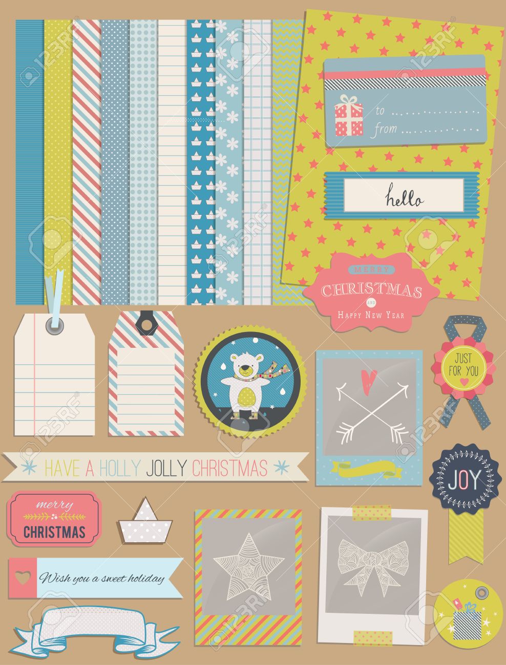 クリスマス デザイン要素 テディベア フレーム リボン タグ スター フラグ 写真フレーム かわいいシームレスな背景 デザインやスクラップの予約 のイラスト素材 ベクタ Image
