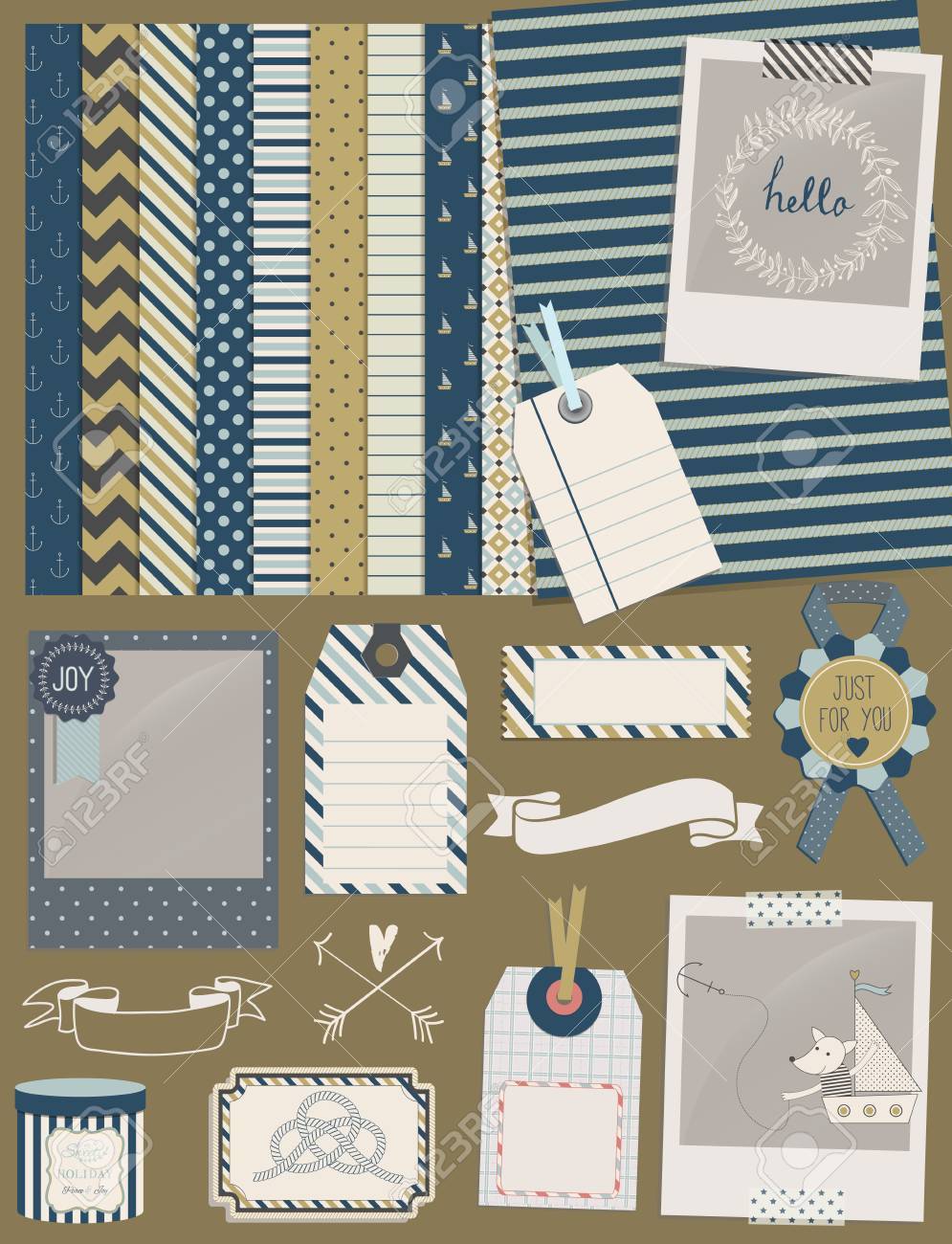 ボート フレーム リボン タグ スター 旗 かわいいのシームレスな背景のデザイン要素のコレクション かわいいグッズ フォックス デザインやスクラップの予約 のイラスト素材 ベクタ Image