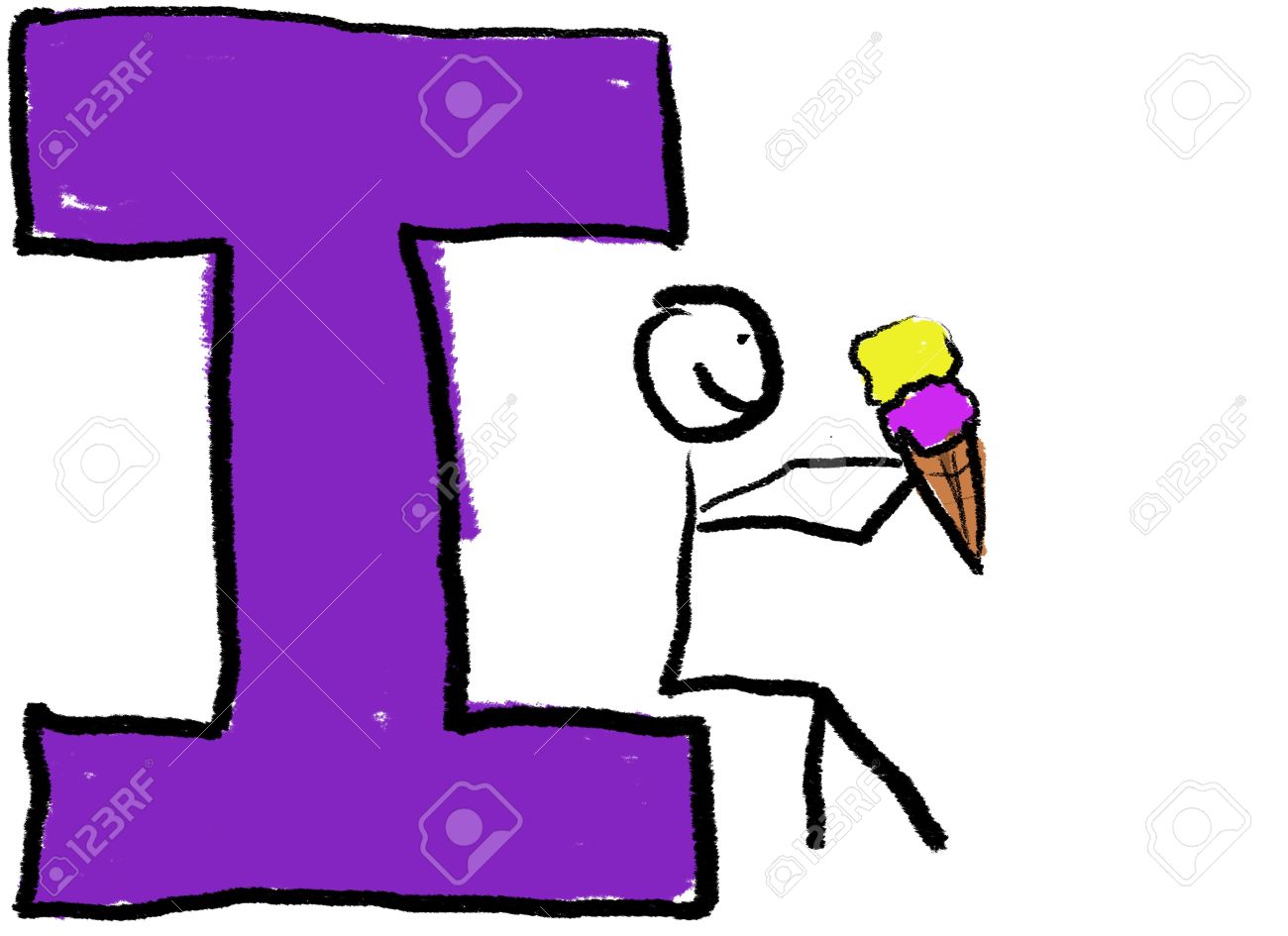 a childlike drawing of the letter i with a stick person eating letter i