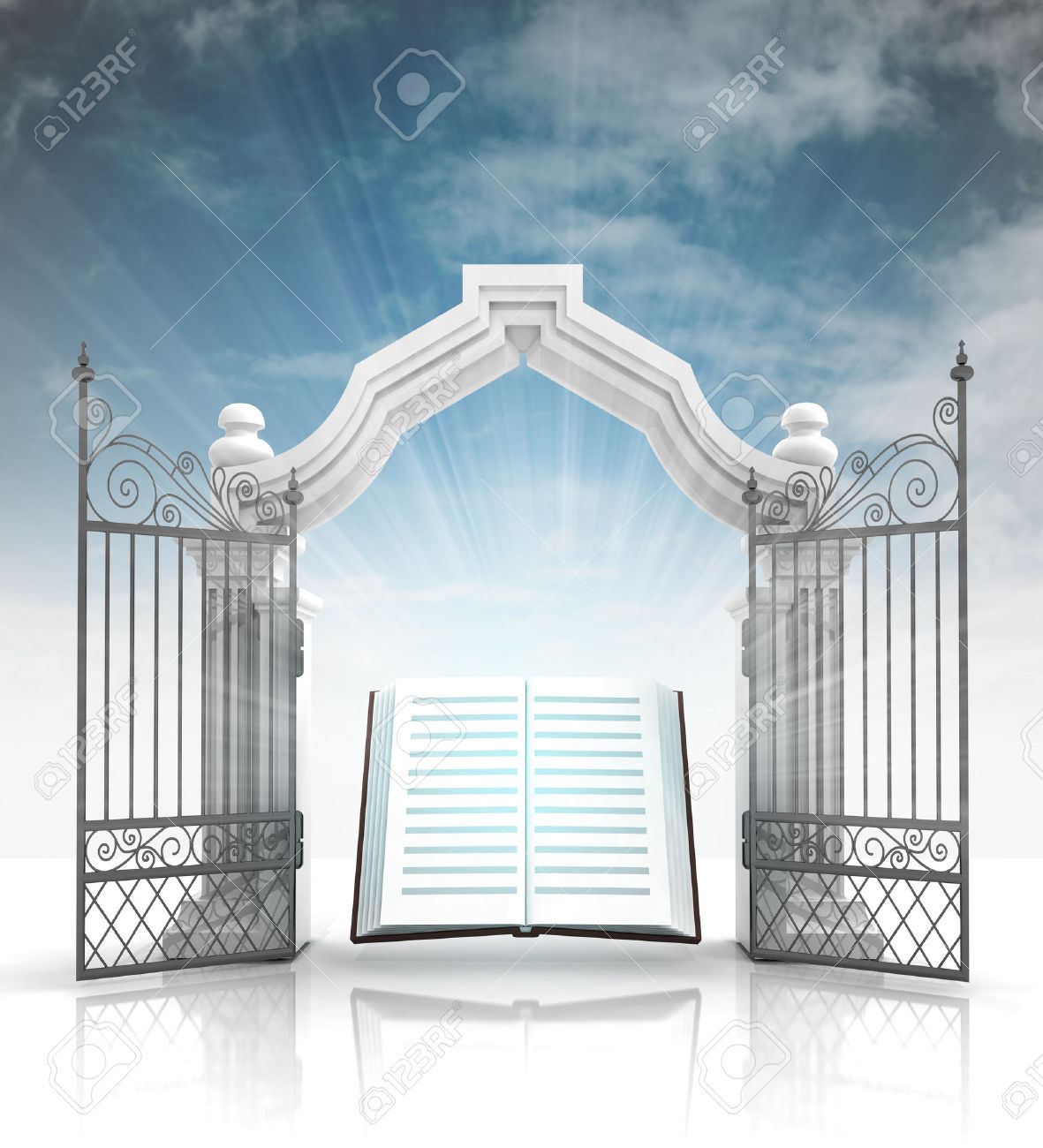 open baroque gate with holy bible and sky illustration stock photo