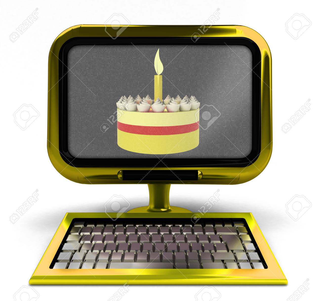 Ordinateur Metallique D Or Avec Un Gateau Celebration Sur Le Concept D Ecran Illustration Isole Banque D Images Et Photos Libres De Droits Image