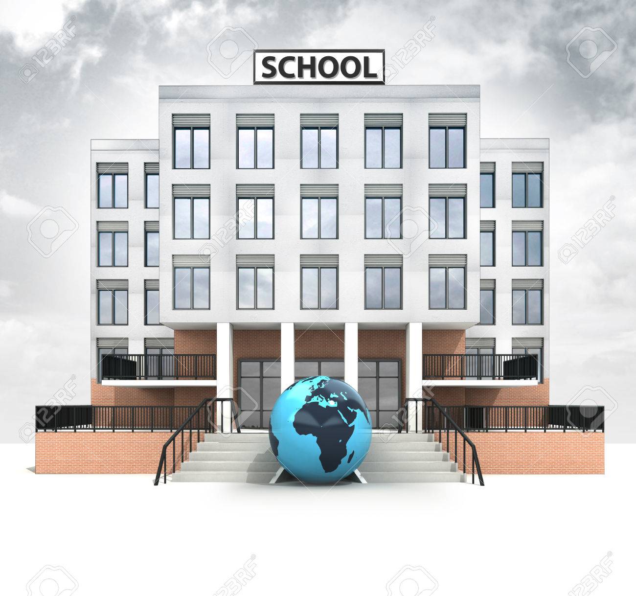 空のイラストがモダンな校舎の前にアフリカの地球儀 の写真素材 画像素材 Image