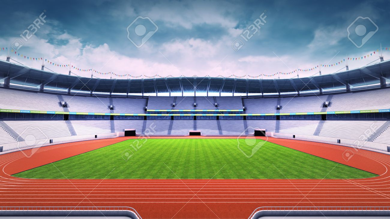 側の日ビュー スポーツ テーマ デジタル イラストレーションの背景でトラックと芝生のフィールドと空の陸上競技場 の写真素材 画像素材 Image