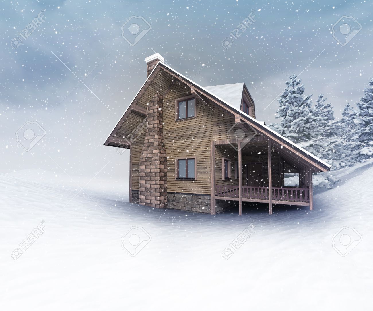 冬の積雪 冬シーズンの屋外風景 3 D イラストで季節の木造の小屋 の写真素材 画像素材 Image