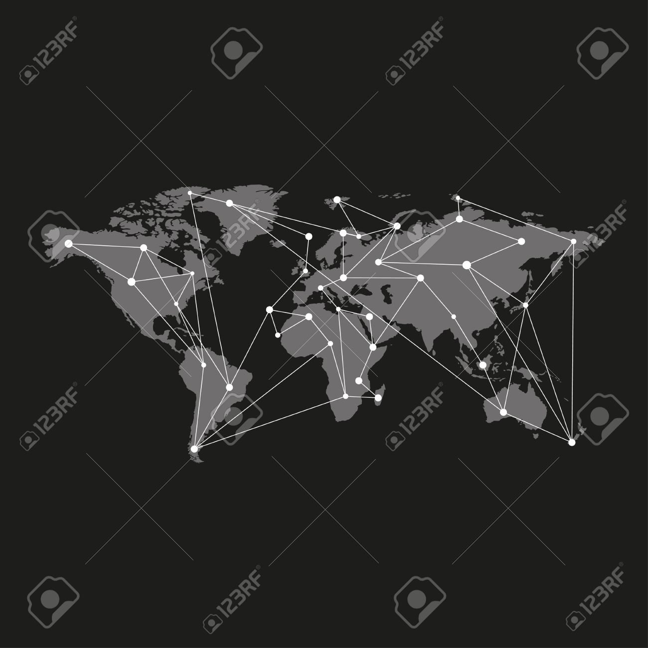 blank grey similar world map isolated on black background