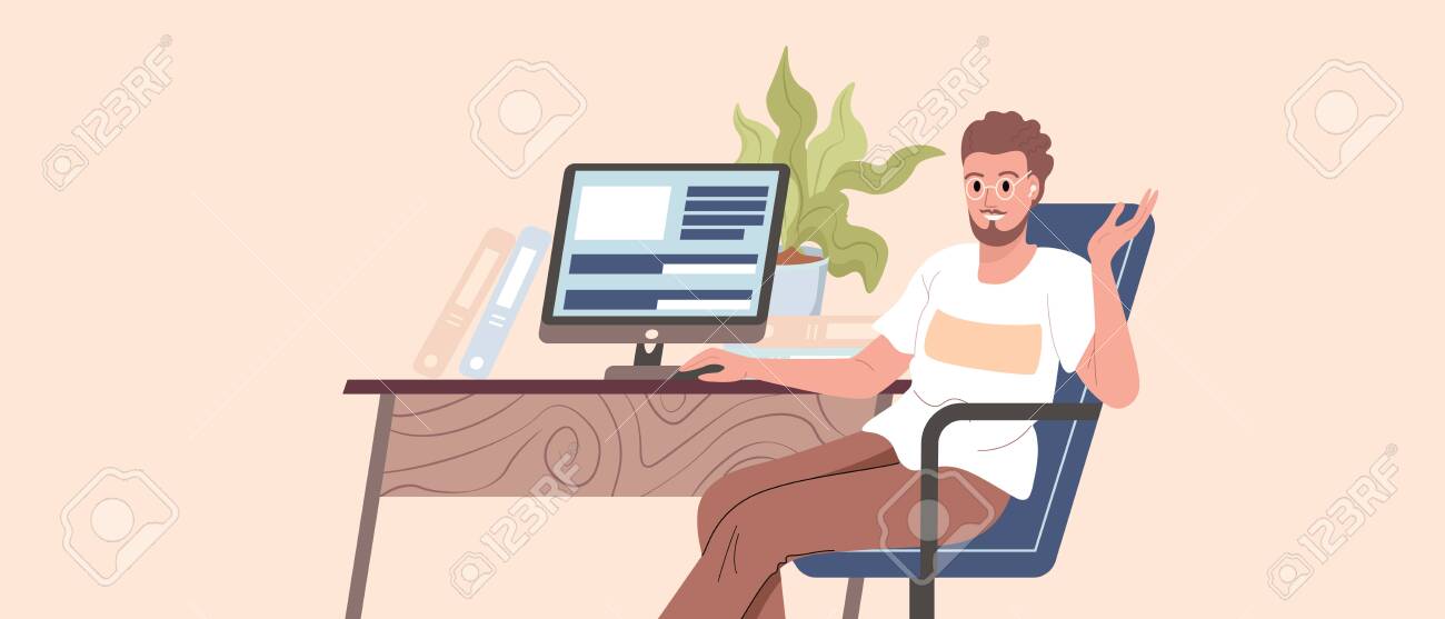 Programmer, coder, web developer or software engineer sitting at desk and working on computer or programming. Young guy works from home vector - 153554706 Programmer, coder, web developer or software engineer sitting at desk and working on computer or programming. Young guy works from home vector - 153554706