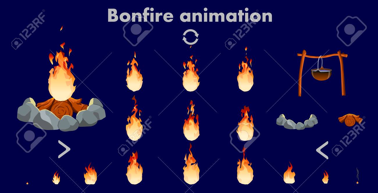 Sprites De Animação De Fogueira, Quadros De Vídeo De Chama De Vetor Para O Design Do Jogo, Conjunto De Animação De Chama De Fogo Brilhante De Formas Diferentes Para O Design De