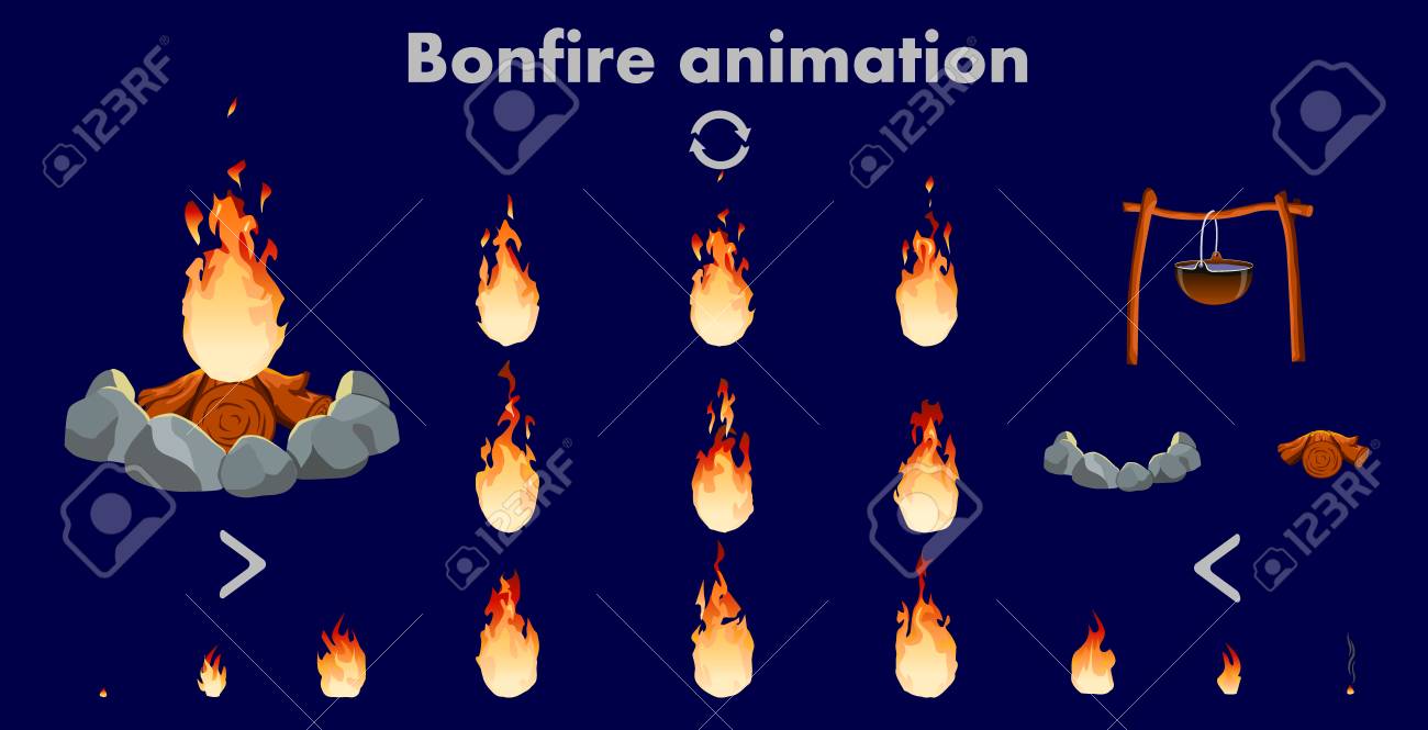 Sprites De Animação De Fogueira, Quadros De Vídeo De Chama De Vetor Para O  Design Do Jogo, Conjunto De Animação De Chama De Fogo Brilhante De Formas  Diferentes Para O Design De