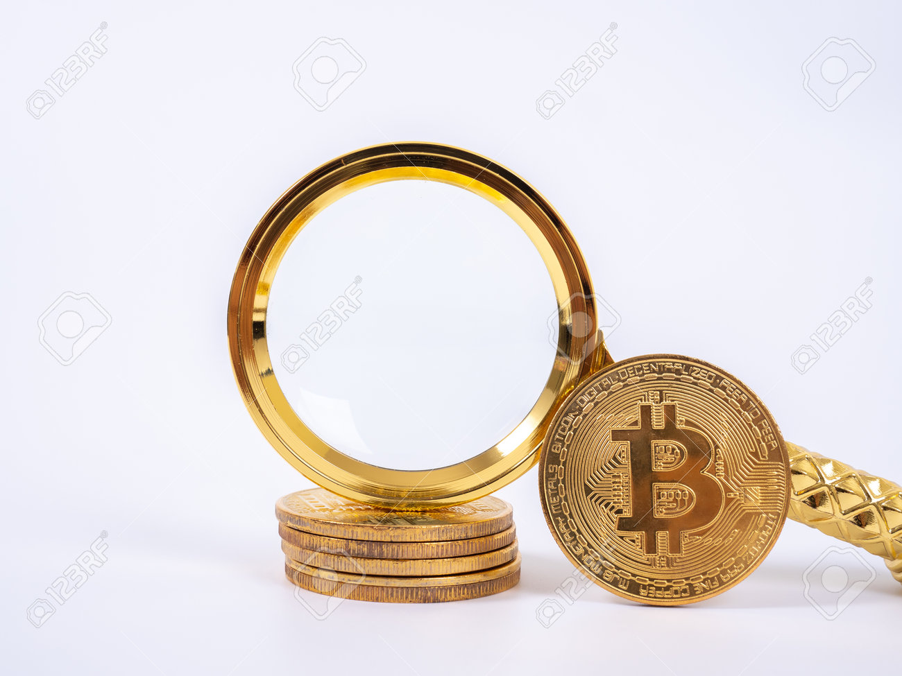 Golden Bitcoin Replica And Magnifying Glass On White Background.Business  And Finance Concept Stock Photo, Picture and Royalty Free Image. Image  192593346.