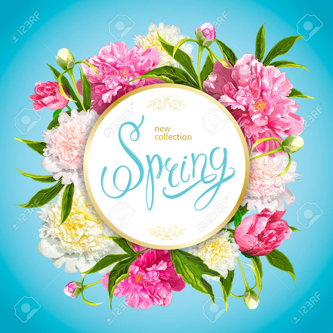 咲くピンクと薄い黄色の牡丹 芽 緑の葉と花の背景 丸い金枠の碑文春 カード 3月8日のバナー 母の日 誕生日 春のセールのためのテンプレート のイラスト素材 ベクタ Image