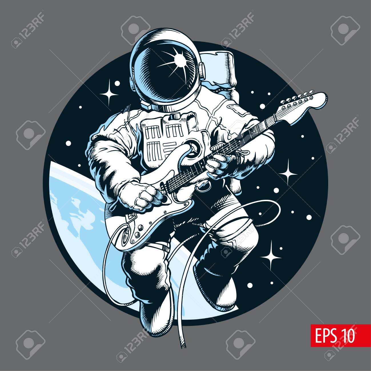 Astronaut playing electric guitar in space. Space tourist. Comic style vector illustration. - 119865813 Astronaut playing electric guitar in space. Space tourist. Comic style vector illustration. - 119865813