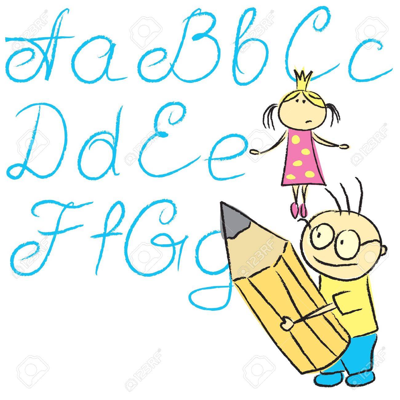 Cartas De Caligrafía De Los Niños Vecrot Con Niño Y Niña Ilustraciones svg, vector, clip art vectorizado libre de derechos. Imagen 10290648