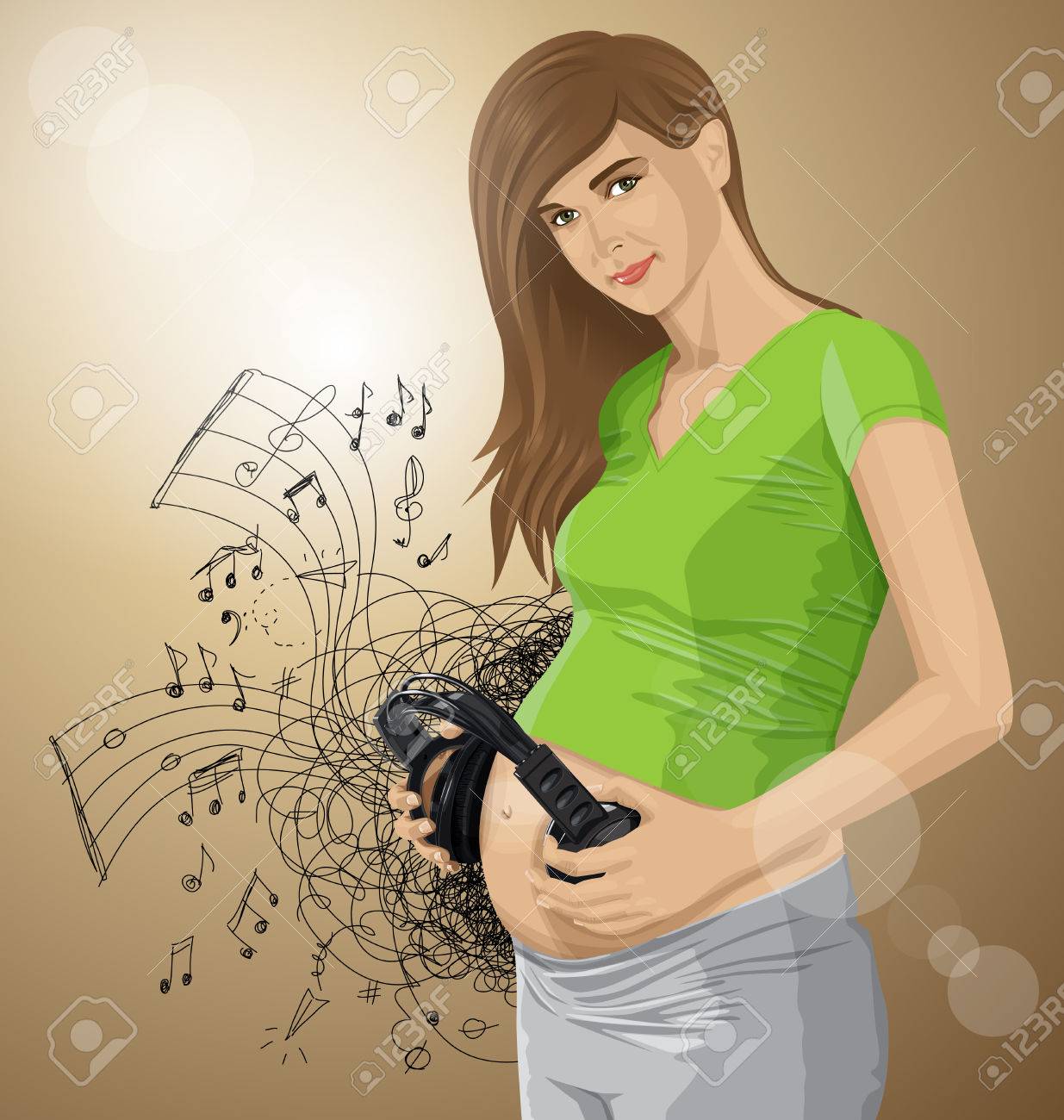 Vecteur Femme Enceinte Avec Un Casque Pres De Son Ventre Bebe Ecouter De La Musique Clip Art Libres De Droits Vecteurs Et Illustration Image