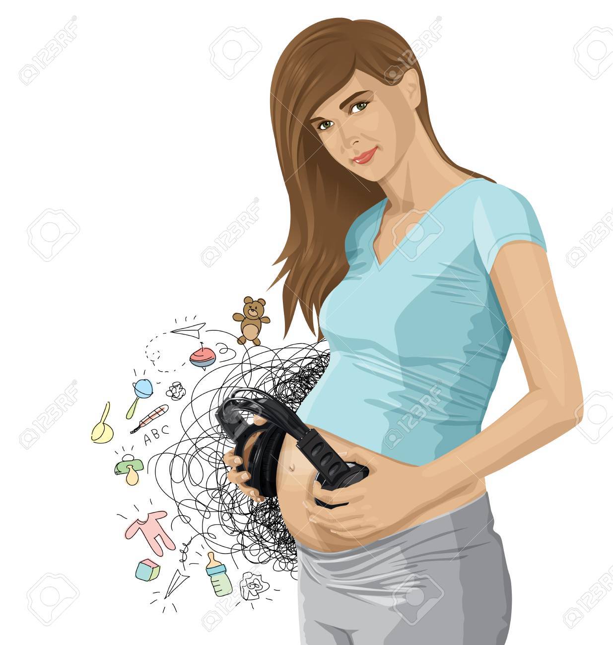 Vecteur Femme Enceinte Avec Un Casque Pres De Son Ventre Bebe Ecouter De La Musique Clip Art Libres De Droits Vecteurs Et Illustration Image