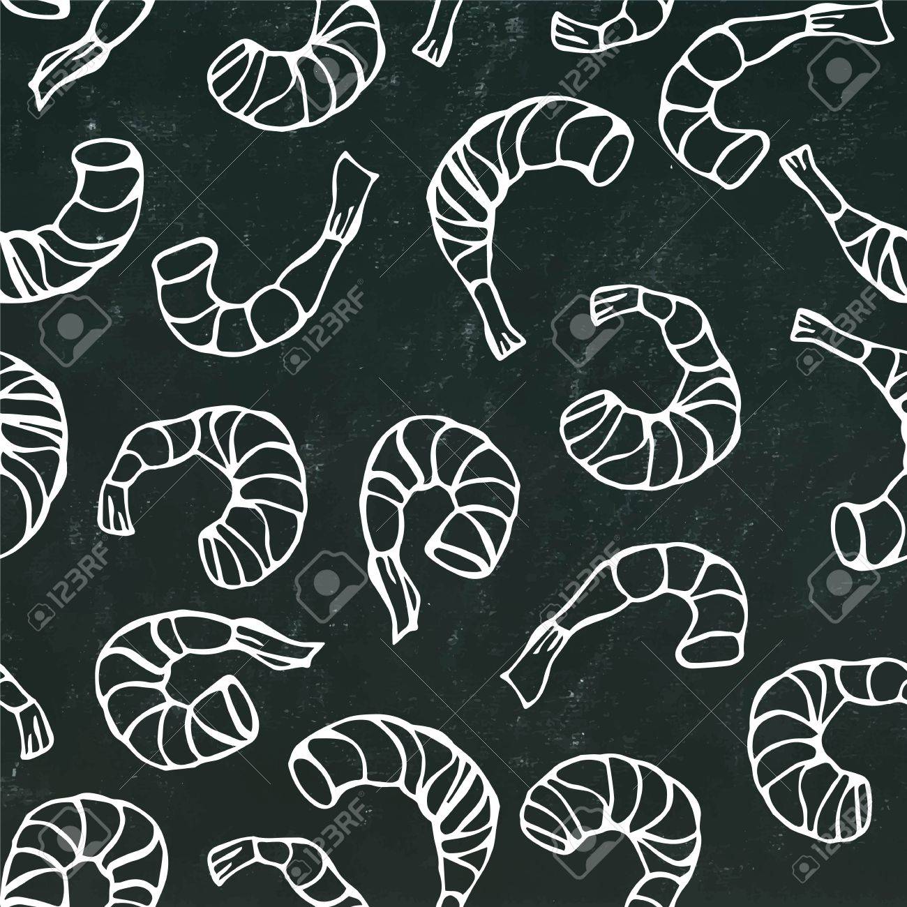 エビやエビ 黒板背景落書き漫画ヴィンテージ手描きスケッチ ベクトル イラスト上に分離 シーフードのシームレスなパターン のイラスト素材 ベクタ Image