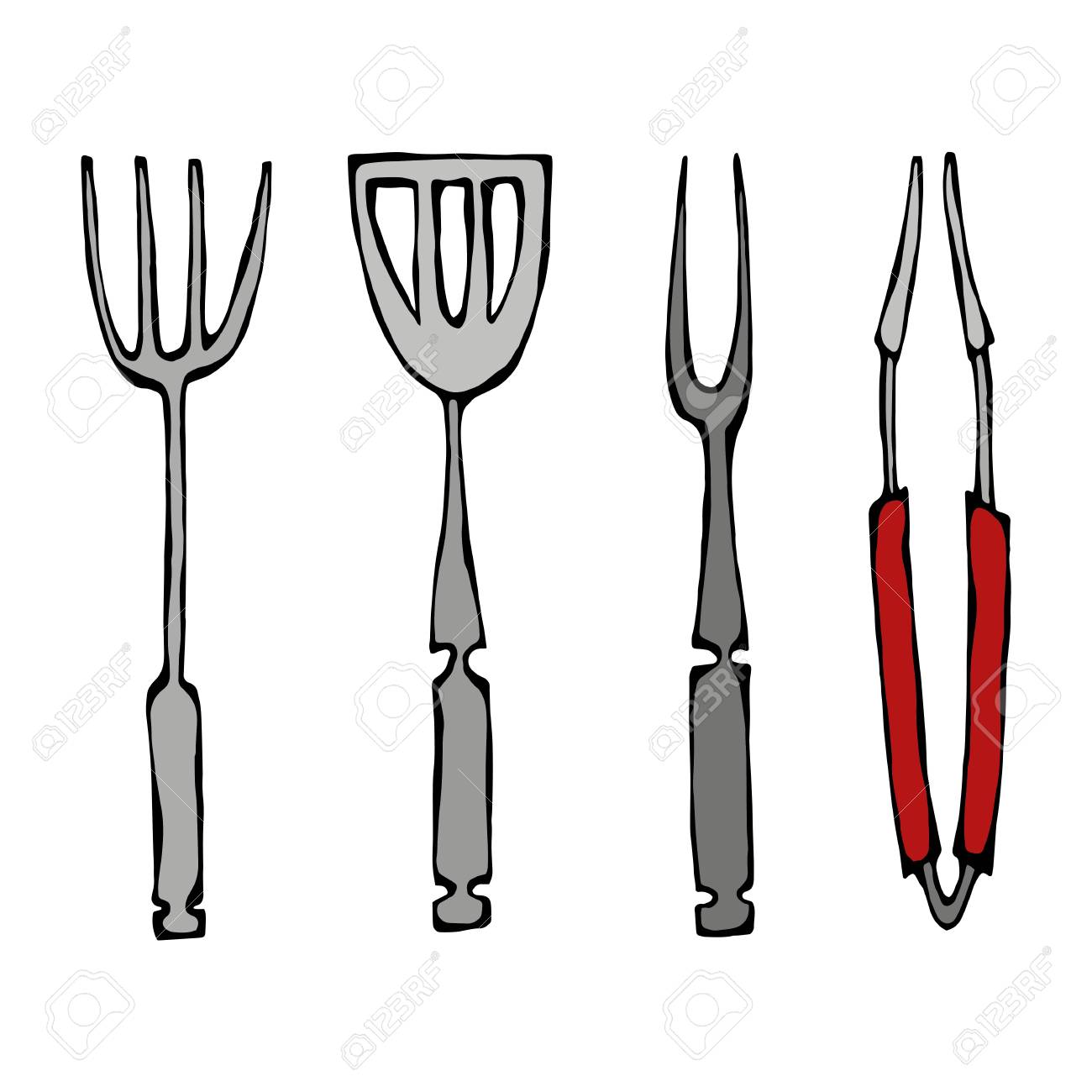 バーベキュー道具を焼きます バーベキュー フォークやヘラのトング リアルな落書き漫画スタイル手描きスケッチ ベクトル イラスト 白い背景上に分離 の イラスト素材 ベクタ Image