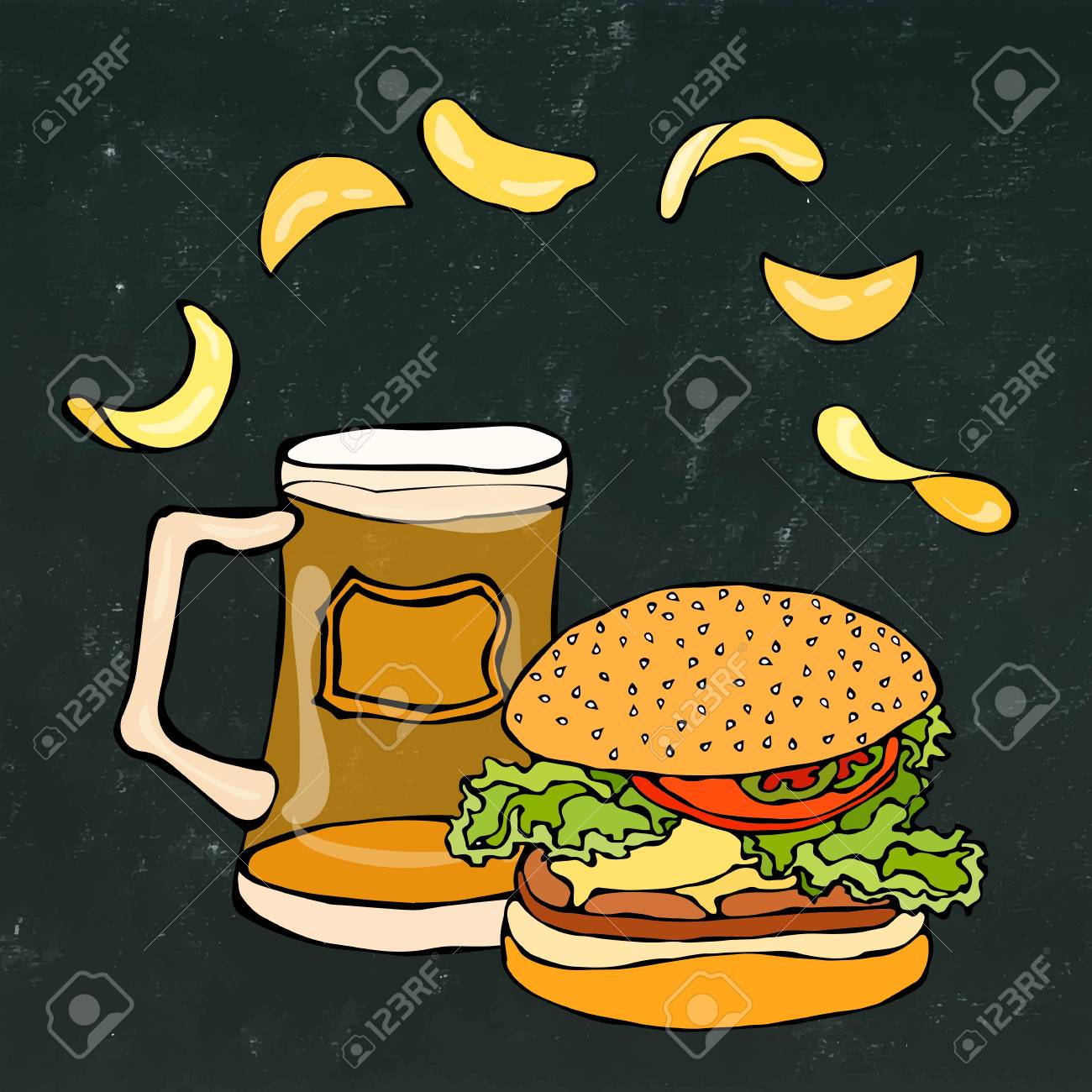 Big Hamburger Or Cheeseburger Beer Mug Or Pint And Potato Chips Royalty Free Cliparts Vectors And Stock Illustration Image 80763297