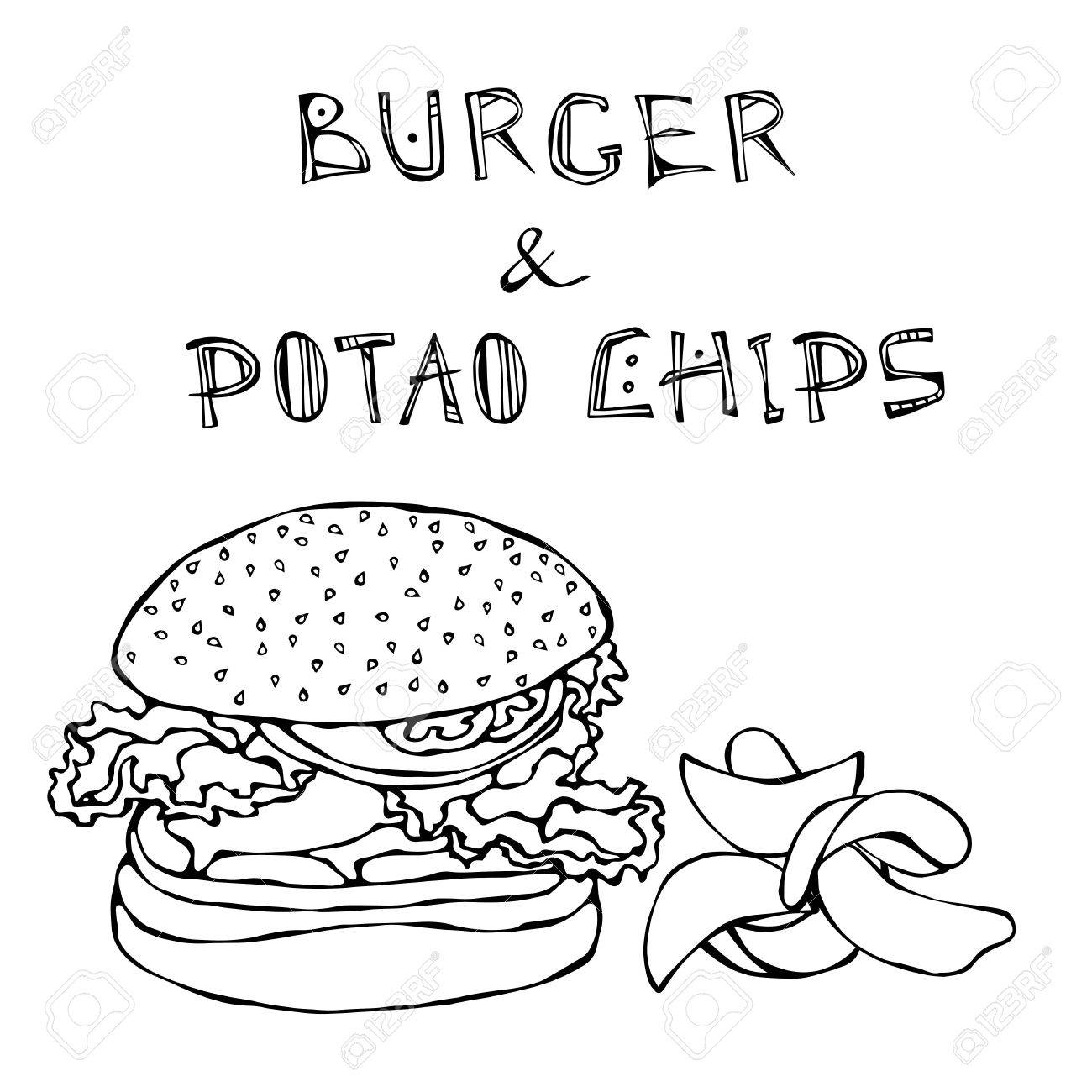 大きなハンバーガーやチーズバーガー ビール ジョッキやパイントとポテトチップス バーガーのロゴ 白い背景上に分離 リアルな落書き漫画スタイル手描きスケッチ ベクトル イラスト のイラスト素材 ベクタ Image