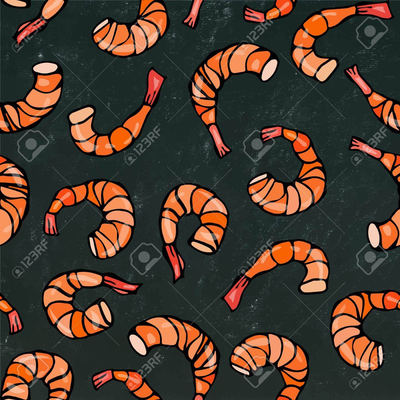 シーフードのシームレスなパターン エビやエビ 黒板背景落書き漫画ヴィンテージ手描きスケッチ ベクトル イラスト上に分離 のイラスト素材 ベクタ Image