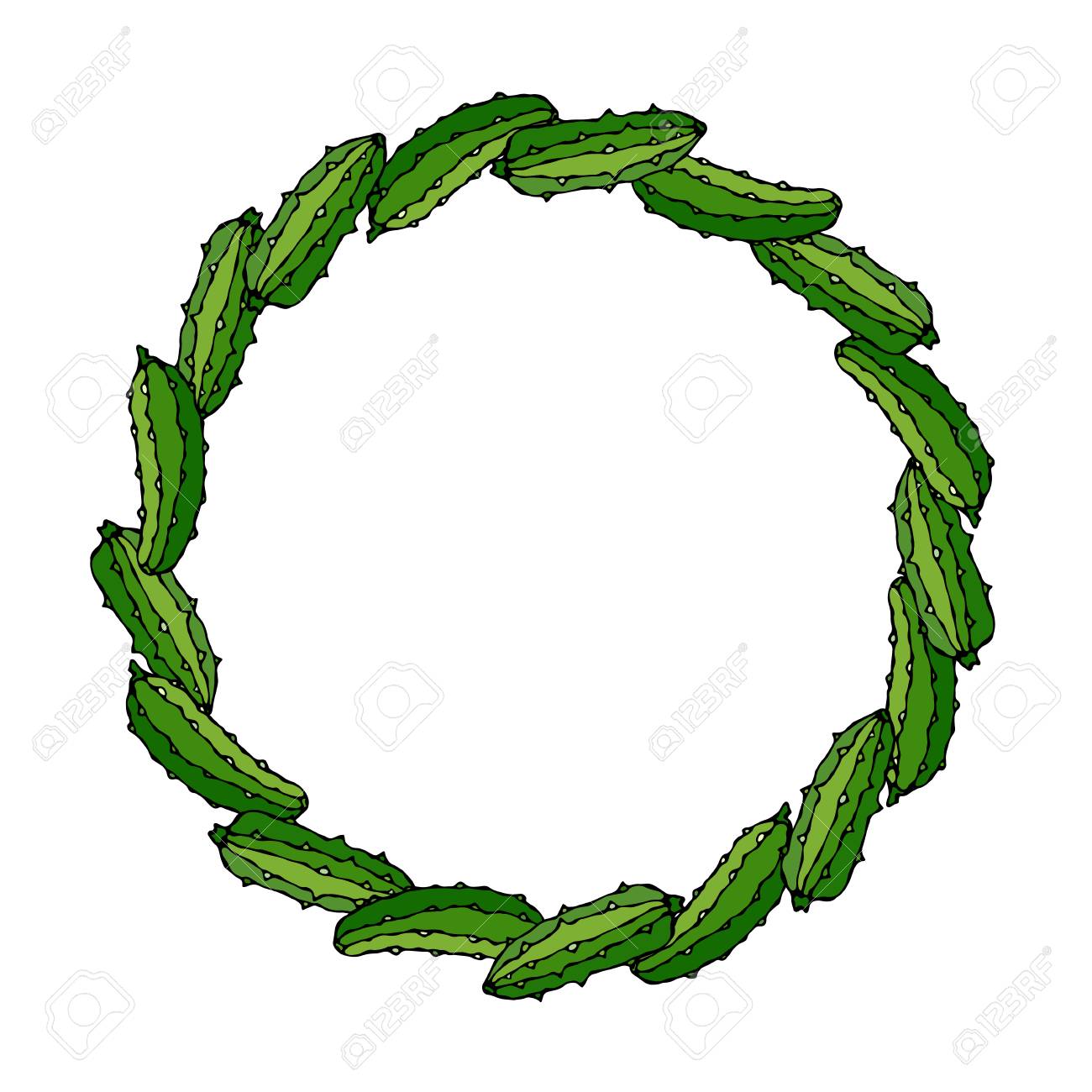 グリーンキュウリやガーキンがドミノのように配置されたリースまたはラウンドフレーム のイラスト素材 ベクタ Image