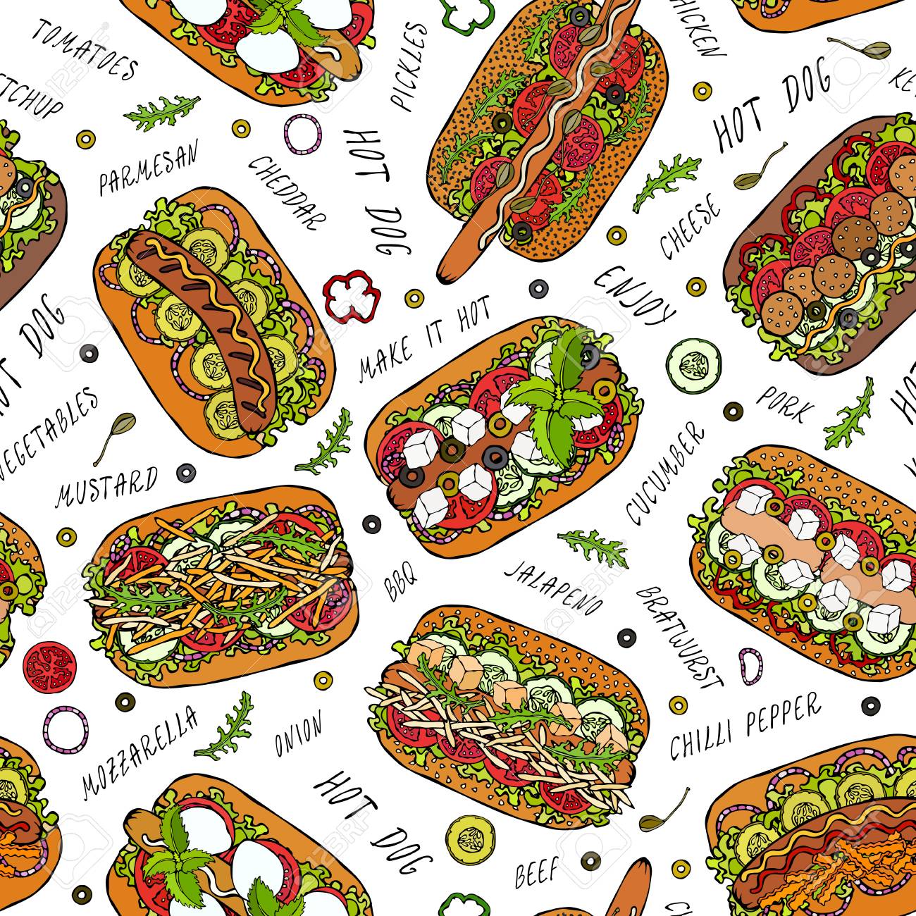 Hot Dog and Lettering Seamless Endless Pattern. Many Ingredients. Restaurant or Cafe Menu Background. Street Fast Food Collection. Realistic Hand Drawn High Quality Vector Illustration. Doodle Style - 114980944 Hot Dog and Lettering Seamless Endless Pattern. Many Ingredients. Restaurant or Cafe Menu Background. Street Fast Food Collection. Realistic Hand Drawn High Quality Vector Illustration. Doodle Style - 114980944