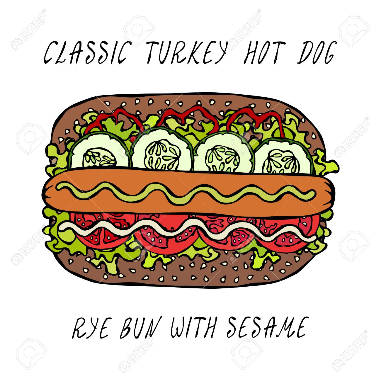 Classic Turkey Hot Dog on a Sesame Bun with Lettuce Salad, Tomato, Cucumber, Mustard, Ketchup. Street Fast Food Collection. Realistic Hand Drawn High Quality Vector Illustration. Doodle Style - 114966647 Classic Turkey Hot Dog on a Sesame Bun with Lettuce Salad, Tomato, Cucumber, Mustard, Ketchup. Street Fast Food Collection. Realistic Hand Drawn High Quality Vector Illustration. Doodle Style - 114966647