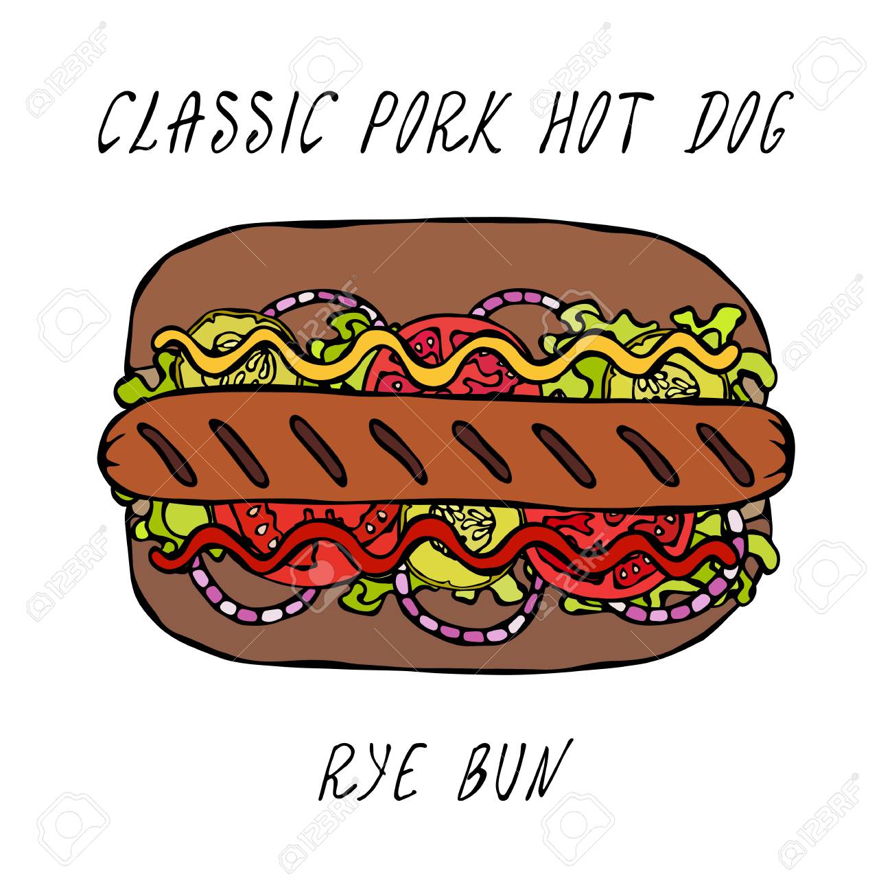 Classic Grill Pork Hot Dog on a Sesame Bun with Lettuce Salad, Tomato, Cucumber, Mustard, Ketchup. Street Fast Food Collection. Realistic Hand Drawn High Quality Vector Illustration. Doodle Style - 114966648 Classic Grill Pork Hot Dog on a Sesame Bun with Lettuce Salad, Tomato, Cucumber, Mustard, Ketchup. Street Fast Food Collection. Realistic Hand Drawn High Quality Vector Illustration. Doodle Style - 114966648