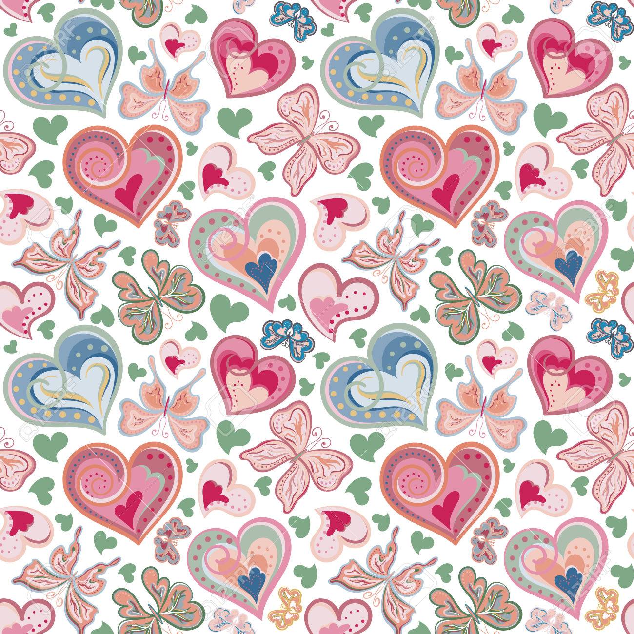蝶とハートの明るいシームレス パターン パステル ピンクの青色の背景色 のイラスト素材 ベクタ Image