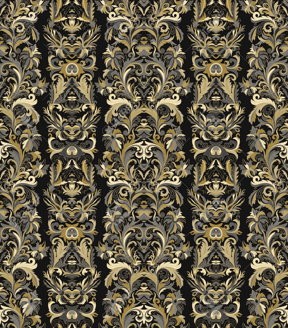 ロイヤル ストライプ シームレス パターン ロココ調の花柄の壁紙 ダマスク織の背景 金色と黒色 のイラスト素材 ベクタ Image ロイヤル ストライプ シームレス パターン ロココ調の花柄の壁紙 ダマスク織の背景 金色と黒色 のイラスト素材 ベクタ Image